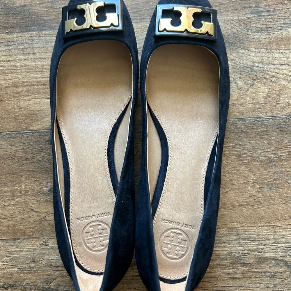 Tory Burch Suede Navy Blue Flats with Gold Embellishment